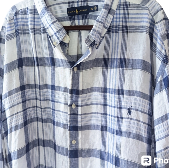 Ralph Lauren Relaxed Fit Linen Shirt 4XLT White Blue Plaid Long Sleeve w Logo 4X - Picture 3 of 7